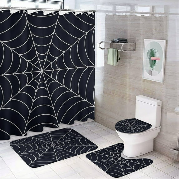 Spider Web Shower Curtain Waterproof Bathroom Curtain Set with Hooks Home Decor Bathroom Curtains 4pcs