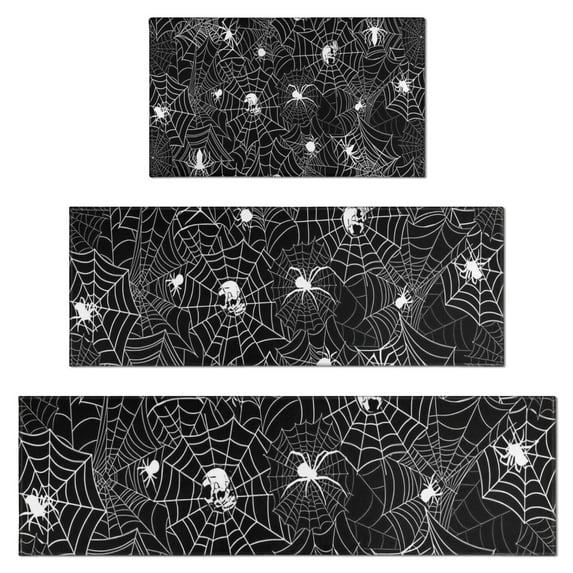 Spider Web and Skulls Halloween Pattern Kitchen Rugs Sets Of 3,Kitchen Runner Rugs Non Skid Washable,Decorative Kitchen Floor Mats for Kitchen,Sink,Laundry,17"x30"+ 17"x47" + 17"x59"