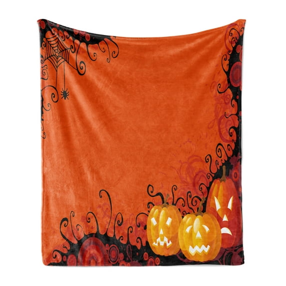 Spider Web Soft Flannel Fleece Throw Blanket, 3 Halloween Pumpkins Abstract Black Web Pattern Trick or Treat, Cozy Plush for Indoor and Outdoor Use, 70" x 90", Orange Marigold Black, by Ambesonne