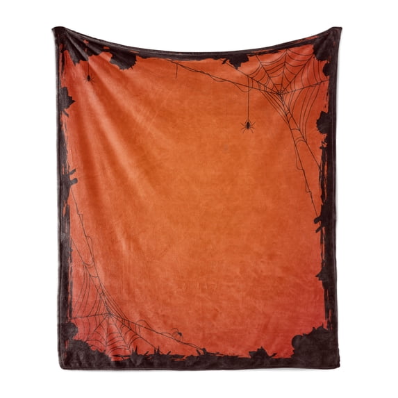 Spider Web Soft Flannel Fleece Throw Blanket, Grunge Halloween Composition Scary Framework with Insects Abstract Cobweb, Cozy Plush for Indoor and Outdoor Use, 60" x 80", Orange Brown, by Ambesonne
