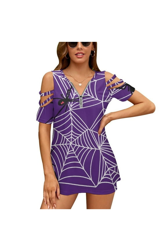 Spider Web Spider Purple Womens Summer V Neck Zipper Top Short Sleeve T Shirt Off Shoulder Top Casual Classy Loose Shirts