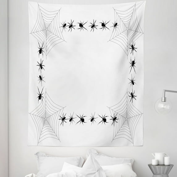 Spider Web Tapestry, Creepy Framework with Arachnid Venom Poison Trap Cartoon Style Monochrome Print, Fabric Wall Hanging Decor for Bedroom Living Room Dorm, 5 Sizes, Black White, by Ambesonne