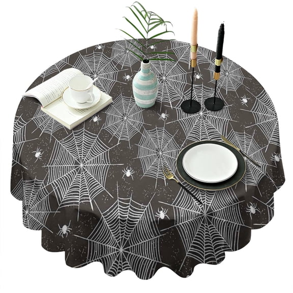 Spider Web and Spiders Halloween Pattern Round Tablecloth 60"x60",Wrinkle Wipeable Table Cloth for Kitchen Dining Room Picnic Patio Party