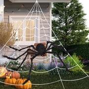 200" Halloween Spider Web Decorations + 59" Giant Fake Spider with Triangular Huge Spiders Web,Suitable for indoor and outdoor Halloween Decorations, Yard, Home, Party and Haunted House Decorations.