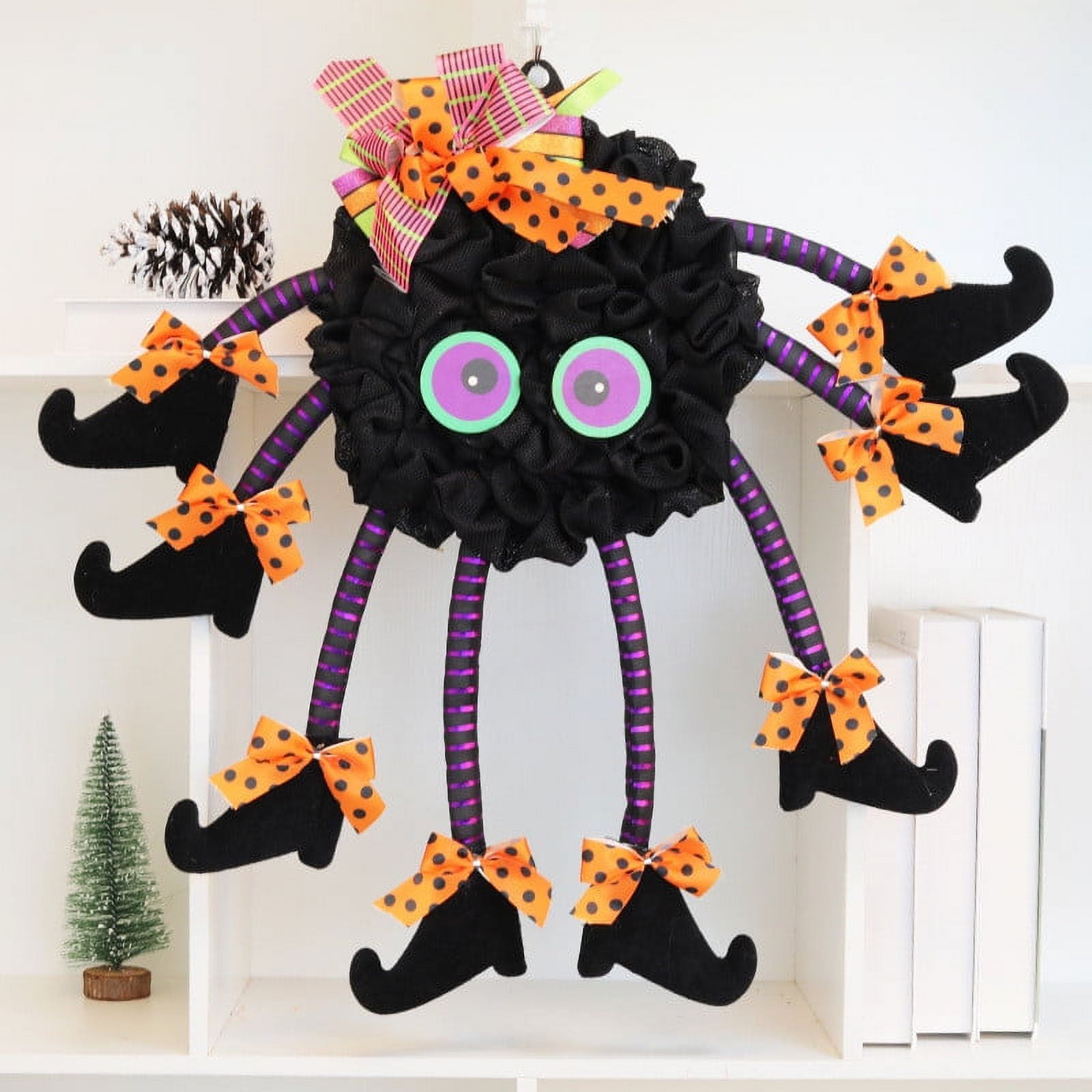 Spider Wreath for Front Door,Halloween Decorations Creative Cloth Spiders with Legs Bow Tie Wall Hanging Ornaments Wreath for Holiday Halloween Party Decor Halloween