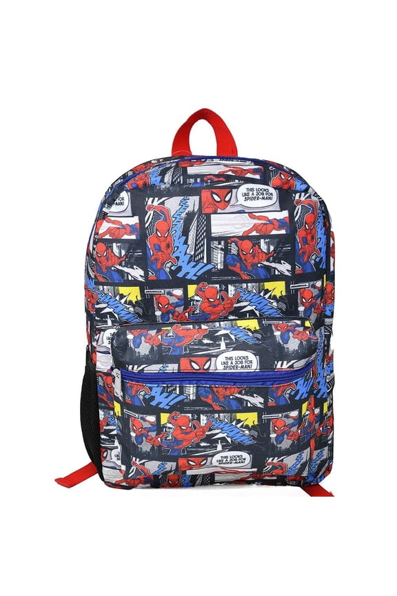 Bioworld Spiderman Comics 16" Kids Backpack Colorful Cartoon School Bag with Front Pocket & Side Mesh,