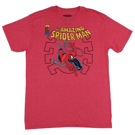Spider-man (Marvel) Mens T-Shirt - Swinging Comic Image Under Classic Logo (2X-Large)