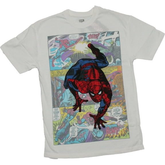 Spider-man Mens T-Shirt -Climbing over Comic Panels Image (Large)