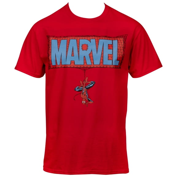Spider-man Mens T-Shirt  - Dangling Spider-man From Classic Marvel Logo (2X-Large)