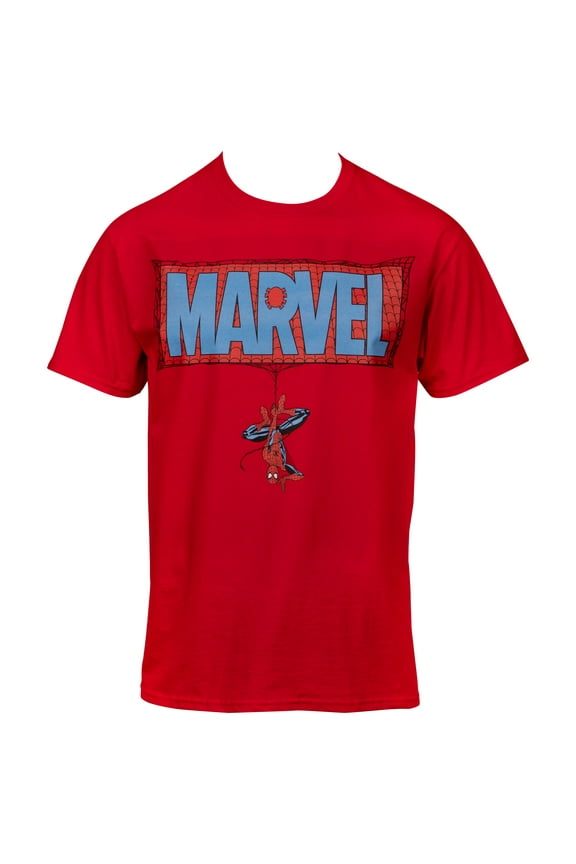 Mens T-Shirt - Dangling Spider-man From Classic Marvel Logo (Small)