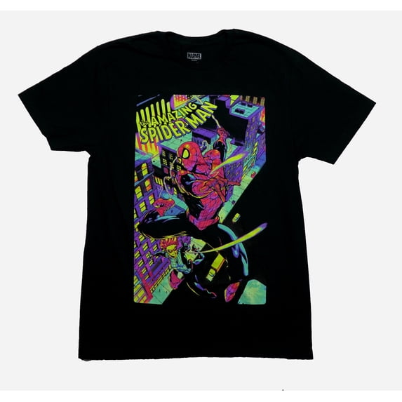 Spider-man Mens T-Shirt - Day Glow Flying Over Arana In City (Small)
