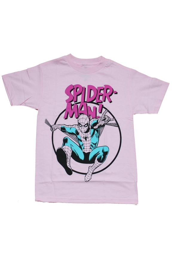 Spider-man Mens T-Shirt - Swinging Spidey Under Pink Logo (Small)