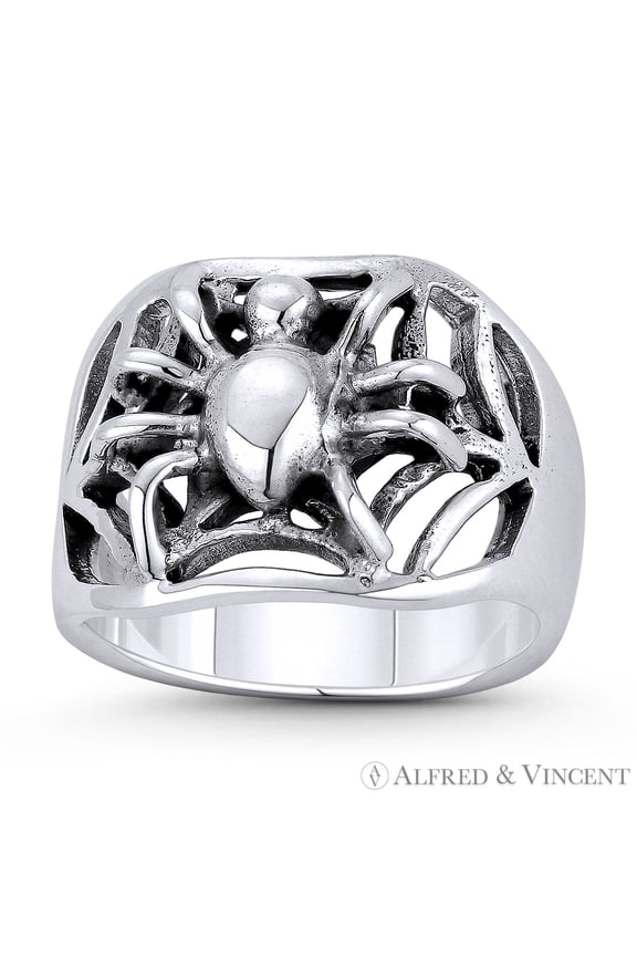 Spider on Web Arachnid Spirit Animal Charm Wide Band Right-Hand Statement Ring in Oxidized .925 Sterling Silver