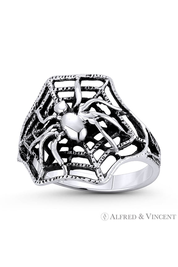 Spider on Web Arachnid Spirit Animal Charm Wide Band Right-Hand Statement Ring in Oxidized .925 Sterling Silver