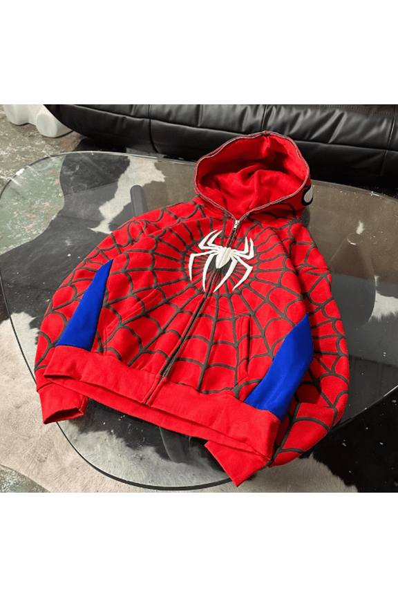 Spider-themed hooded zip-up sweatshirt jacket. Multi-colored trendy streetwear top.