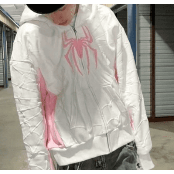 Spider-themed hooded zip-up sweatshirt jacket. Multi-colored trendy streetwear top.