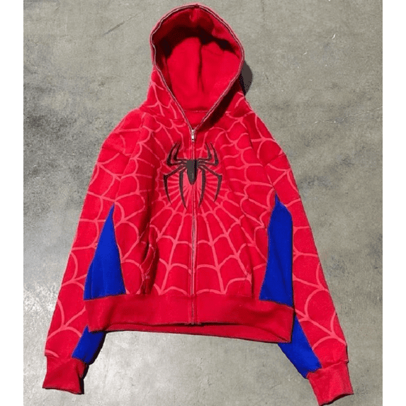Spider-themed hooded zip-up sweatshirt jacket. Multi-colored trendy streetwear top.