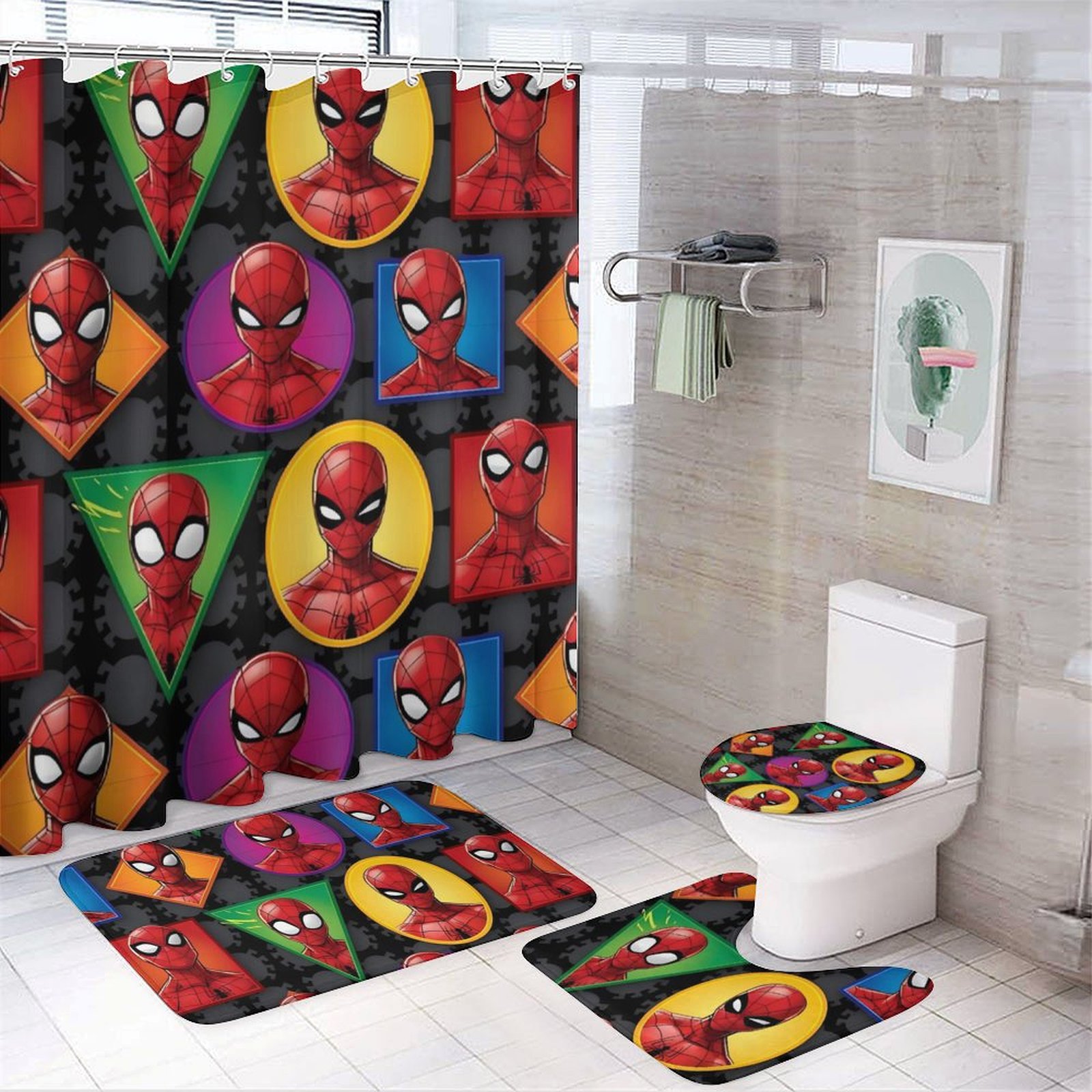 SpiderMan 4 Piece Shower Curtain Set Anti-Slip Carpet Toilet Seat Cover ...