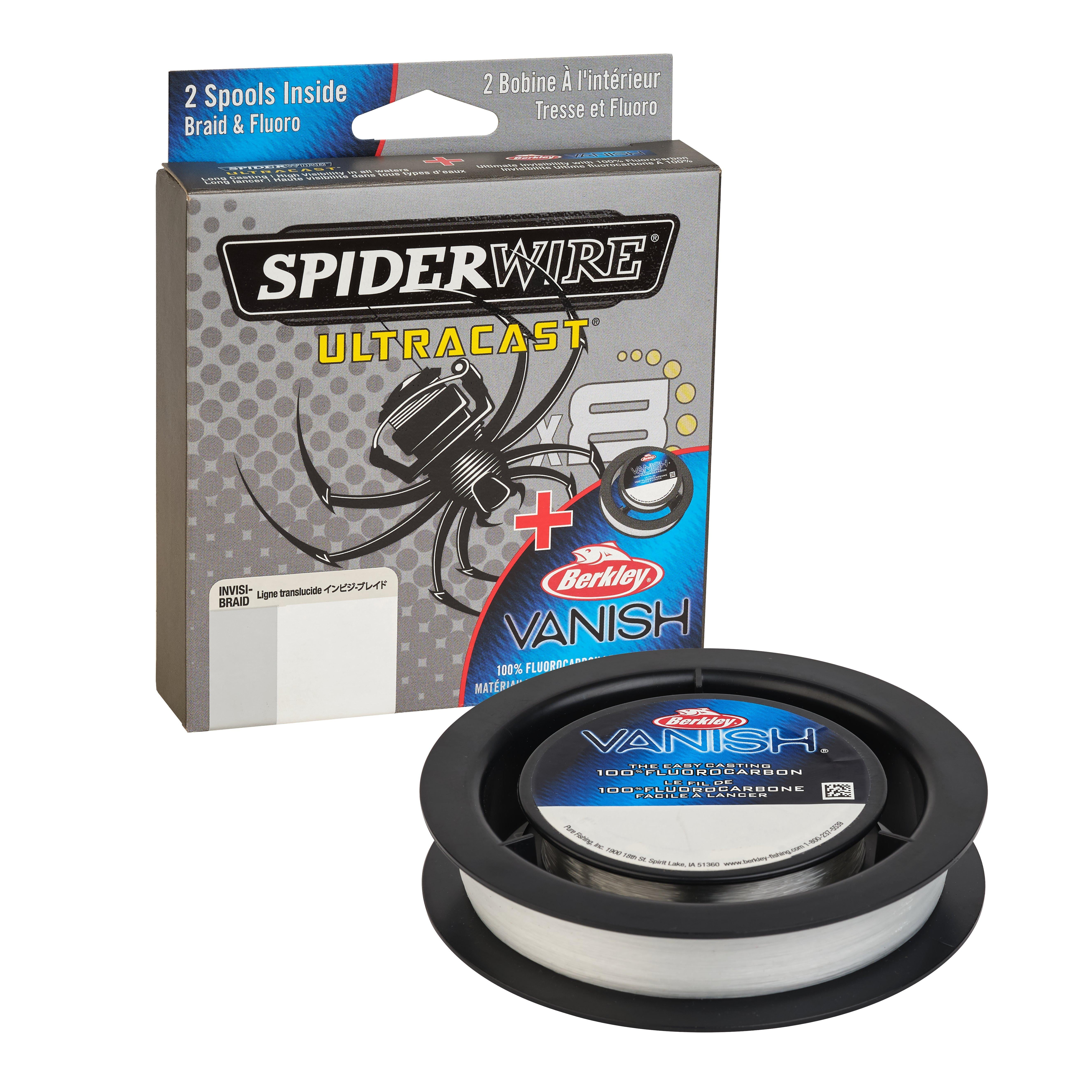  SpiderWire Ultracast Braid Vanish Fluorocarbon Dual Spool, 10lb  Aqua Camo Braid with 20lb Clear Fluoro Leader, 164yd