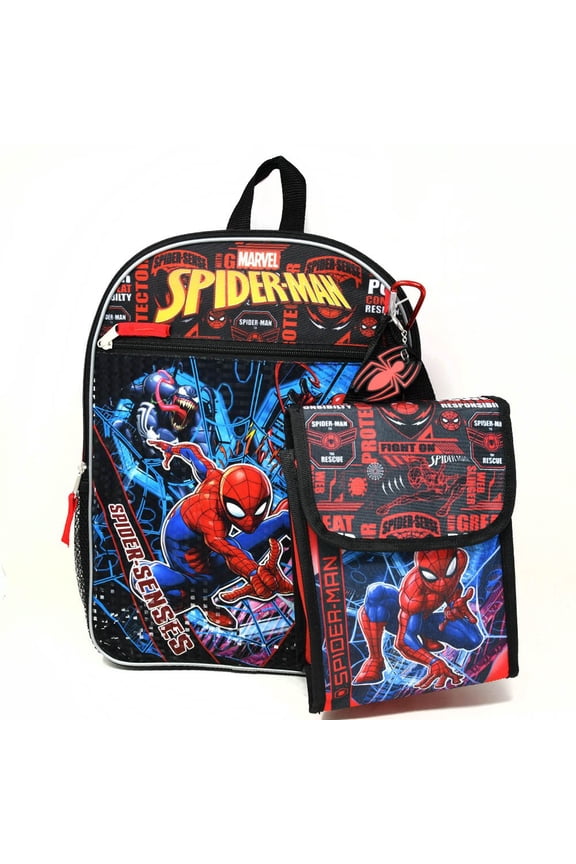 Spiderman 16" Backpack 5pc Set with Lunch Kit, Eraser, Keychain & Carabiner
