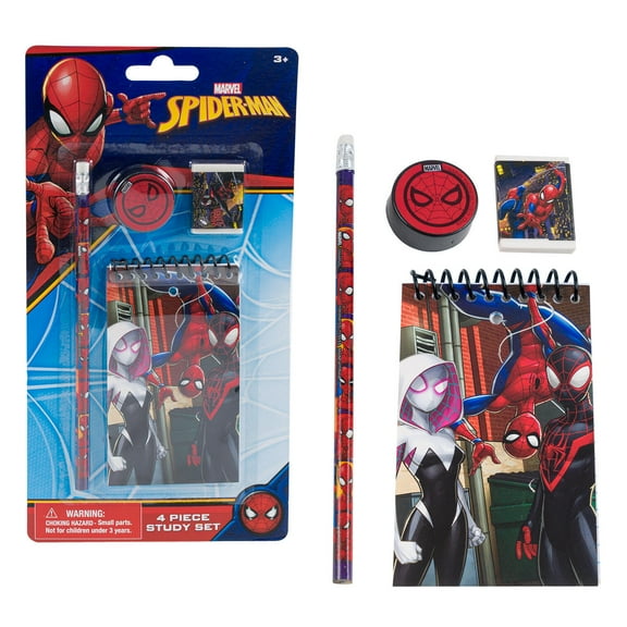 Spiderman 4pc Study Kit- Eraser, Sharpener, 25 sheet memo pad, No.2 lead real wood