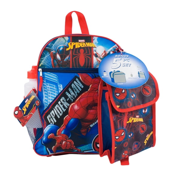 Spiderman 5pc Backpack Set- 16", WATER BOTTLE, LUNCH BAG, CARABINER & MORE