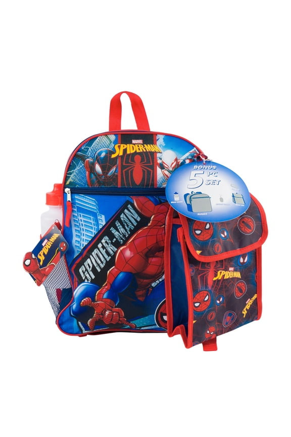 Spiderman 5pc Backpack Set- 16", WATER BOTTLE, LUNCH BAG, CARABINER & MORE