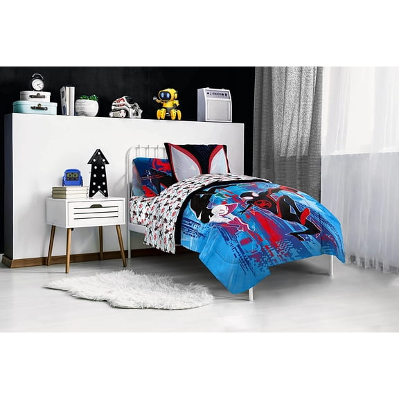 Spiderman Across The Spider-Verse Glitch 5 Piece Twin Size Bed Set - Includes Comforter & Sheet Set Bedding - Super Soft Fade Resistant Microfiber (Official Product)