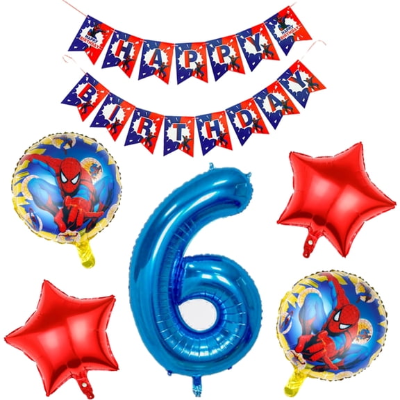 6th Birthday Spider-Man Balloons and Banner, Number 6, 30 inches