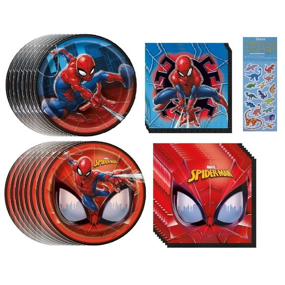 Spiderman Birthday Party Supplies Bundle Pack includes 8 Dessert Cake Plates, 8 Lunch Plates, 16 Beverage Napkins, 16 Lunch Napkins (16 Plates and 16 Napkins)