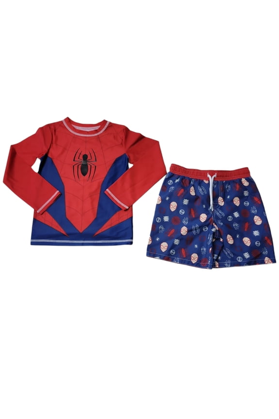 Spiderman Boy's 2 Piece UPF+ 50 Long Sleeve Rash Guard and Swim Trunk Set (2T)