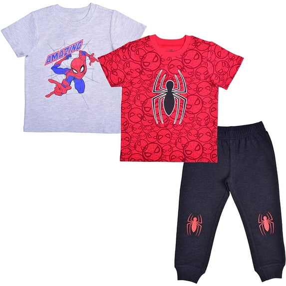 Spiderman Boys 3 Piece 2 Short Sleeve Tees and Jogger Set, Toddler