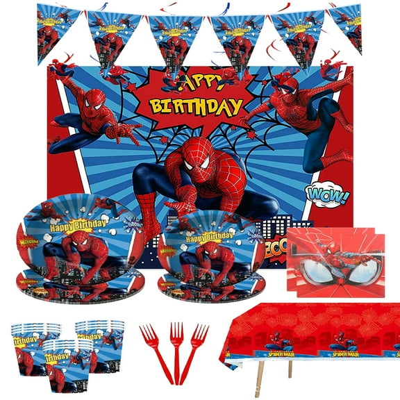 Spiderman Children's Cartoon Birthday Party Decorations - Birthday Banner, Background, Tablecloth, Tableware