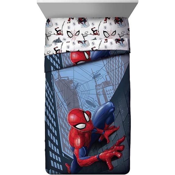 Spiderman Crawl 4 Piece Twin Bed Set - Includes Reversible Comforter & Sheet Set Bedding - Fade Resistant Microfiber - (Official  Product), Multi - Spiderman