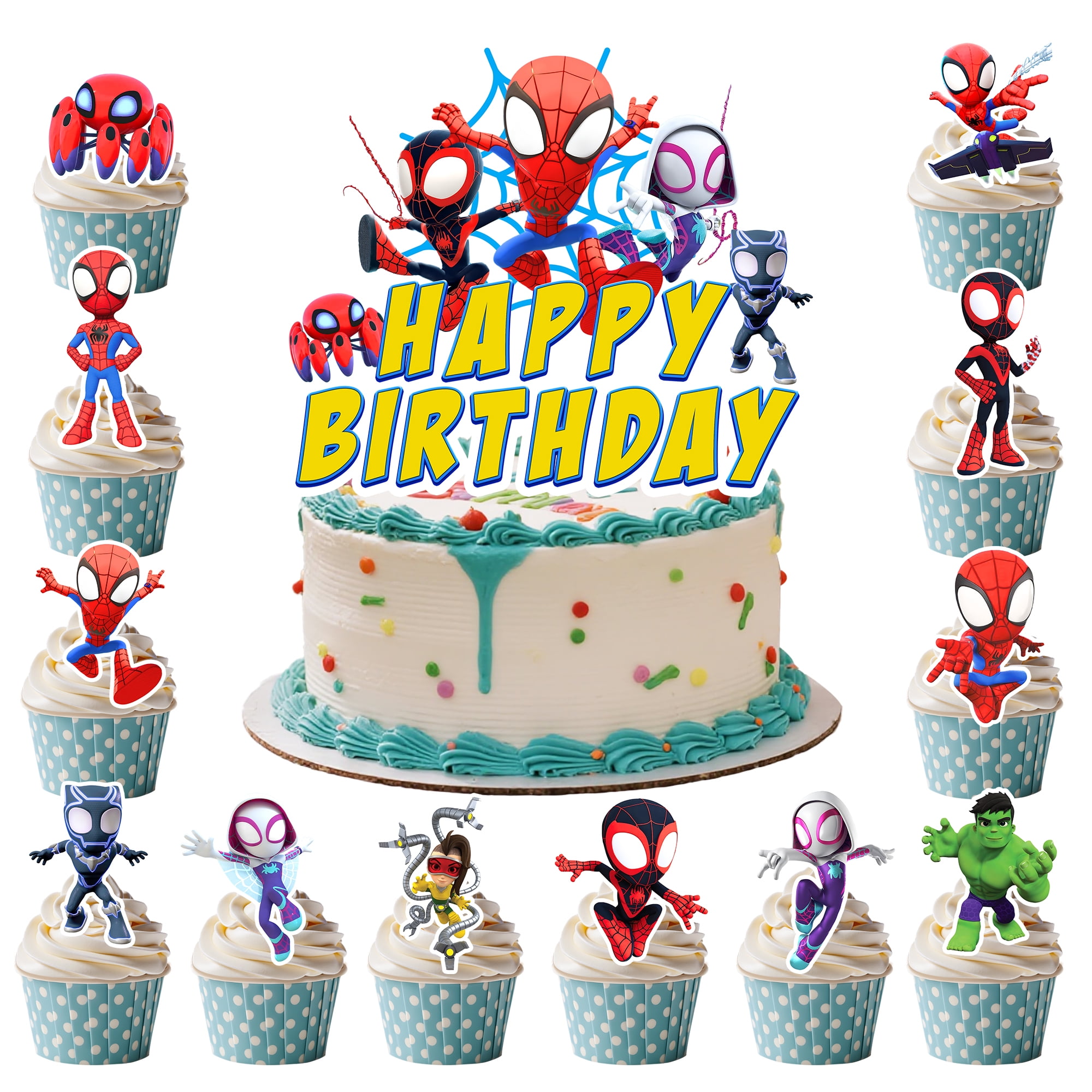 Spiderman & Friends Themed Cake Decorations, 24Pcs Spiderman Cupcake Toppers and 1Pcs Spiderman Big Cake Topper for Spiderman & Friends Birthday Party Decorations Boys/Girls Kids