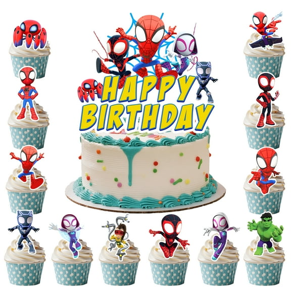 Spiderman & Friends Themed Cake Decorations, 24Pcs Spiderman Cupcake Toppers and 1Pcs Spiderman Big Cake Topper for Spiderman & Friends Birthday Party Decorations Boys/Girls Kids