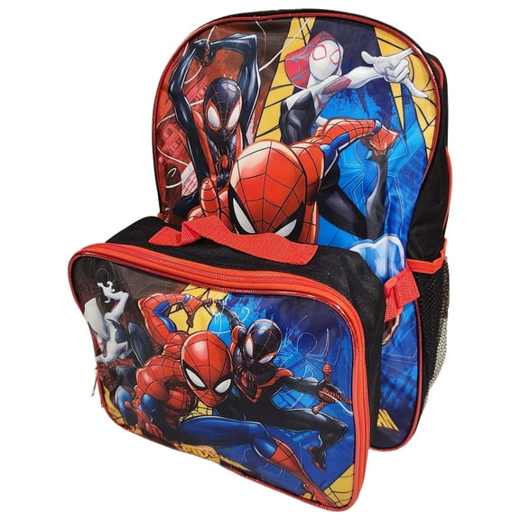 Spiderman, Ghost ahd Miles Morales Full Size 16 Inch Backpack with Detachable Lunch Box