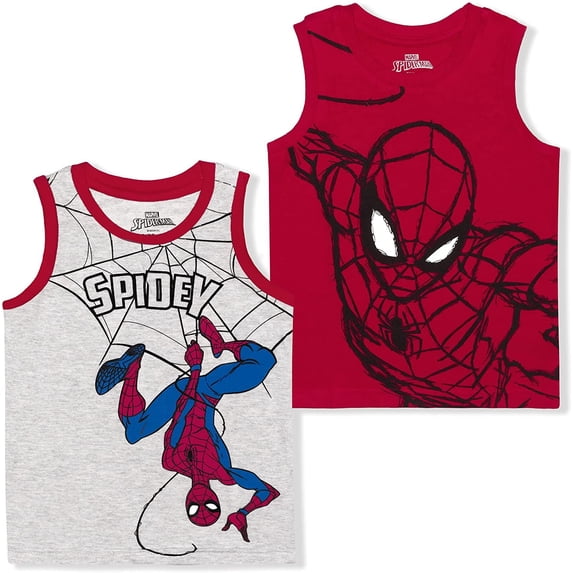 Spiderman Marvel 2 Pack Boy's Sleeveless Tee Shirt Set, Printed Undershirt for Kids, Red, Size 6