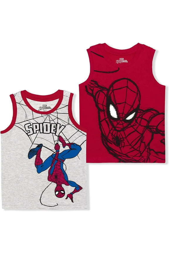 Spiderman Marvel 2 Pack Boy's Sleeveless Tee Shirt Set, Printed Undershirt for Kids, Red, Size3T