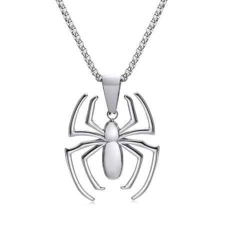 Mens Spiderman Pendant Necklace, Silver Stainless Steel Spider Necklaces Gifts for Spider-man Fans