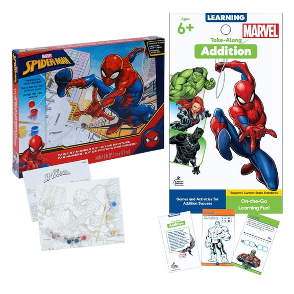 Spiderman Paint by Numbers for Adults and Kids, Painting by Number Kits & Acrylic Paints for Office Home Wall Decor With Avengers Take-Along Addition Math Workbook Activities for Kids (Ages 6+)-2 Pack