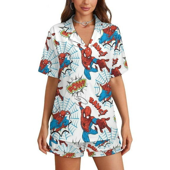 Spiderman Pajamas Set Button Down 2 Piece Pjs Shorts Set Soft Loungewear Sleepwear for Women-M