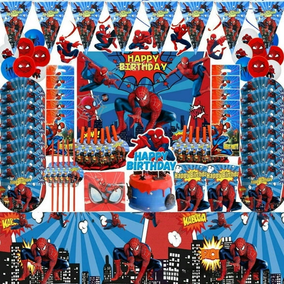 Spiderman Party Decorations, Birthday Decorations & Spiderman Party Tableware Set- Spiderman Decorations Balloons Banner & Spiderman Tablecloth Plates Cups Napkins etc Spiderman Birthday Part