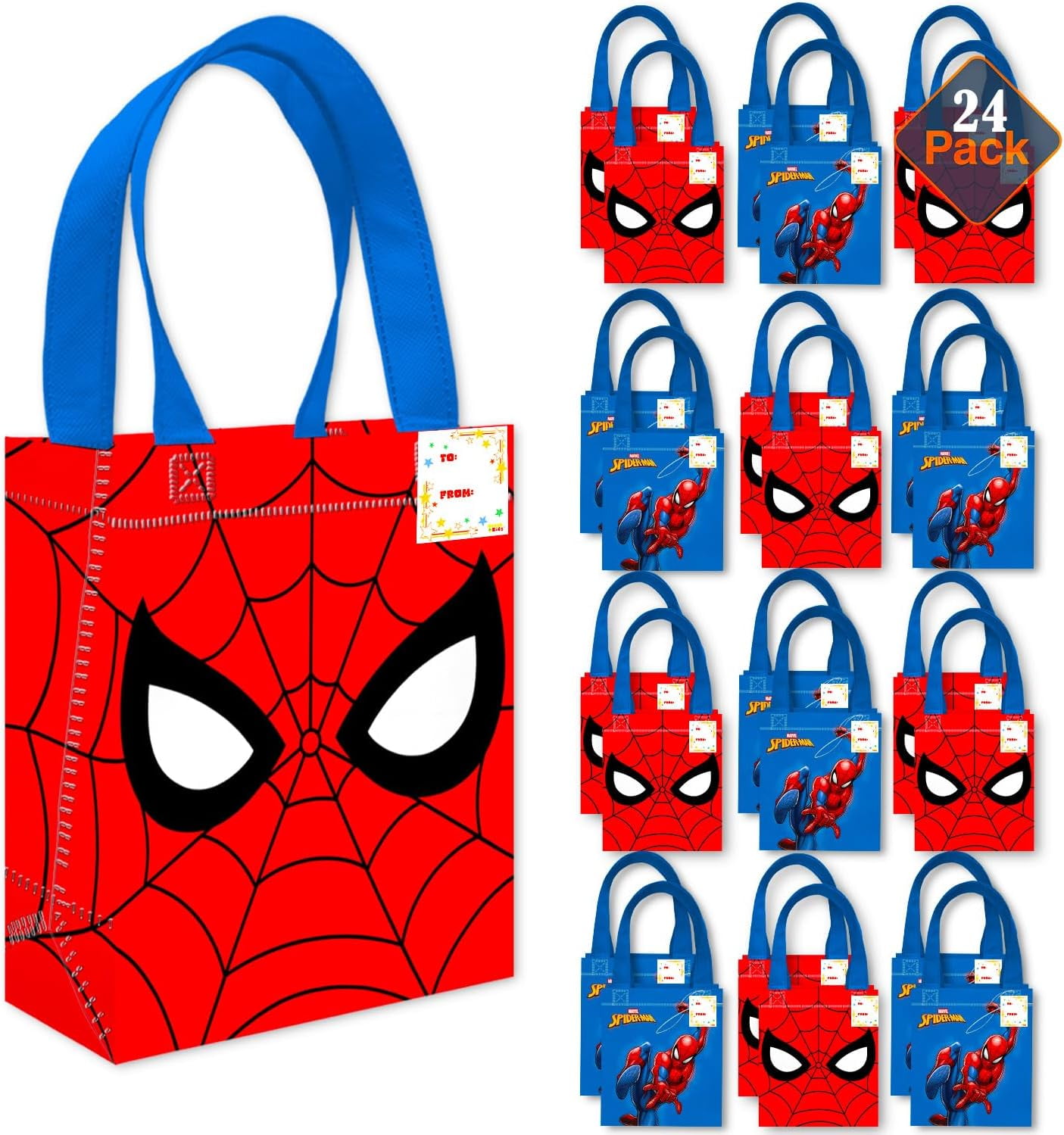 Spiderman Party Favor Bag Set 24 Pack of 8" Spiderman Party Goodie Bags for Kids Bulk Reusable Mini Totes | Marvel Spiderman Birthday Party Supplies