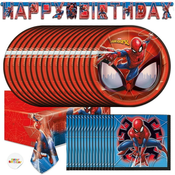 Spiderman Party Supplies | Spiderman Birthday Party Supplies | Spiderman Plates, Birthday Napkins, Spiderman Tablecloth, Spiderman Birthday Banner | Marvel Superhero Birthday Party Supplies Serves 16