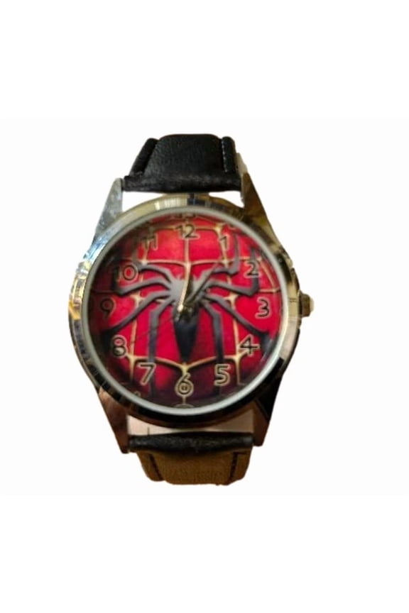 Spiderman Quartz Red Face Spider PU Leather Band Wrist Watch