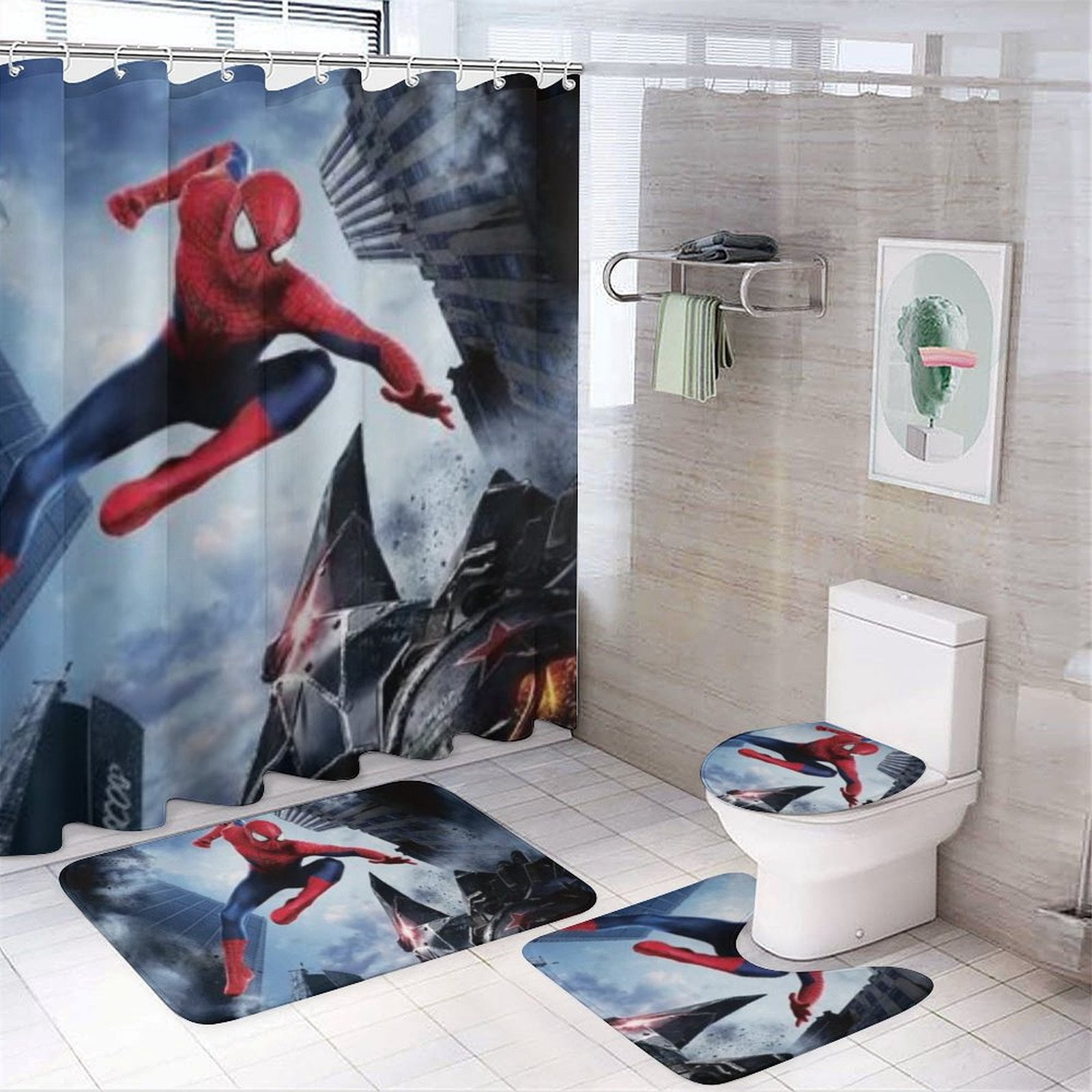 Spiderman Shower Curtain 4 Piece Sets, with Hooks, with Non-Slip Rugs ...