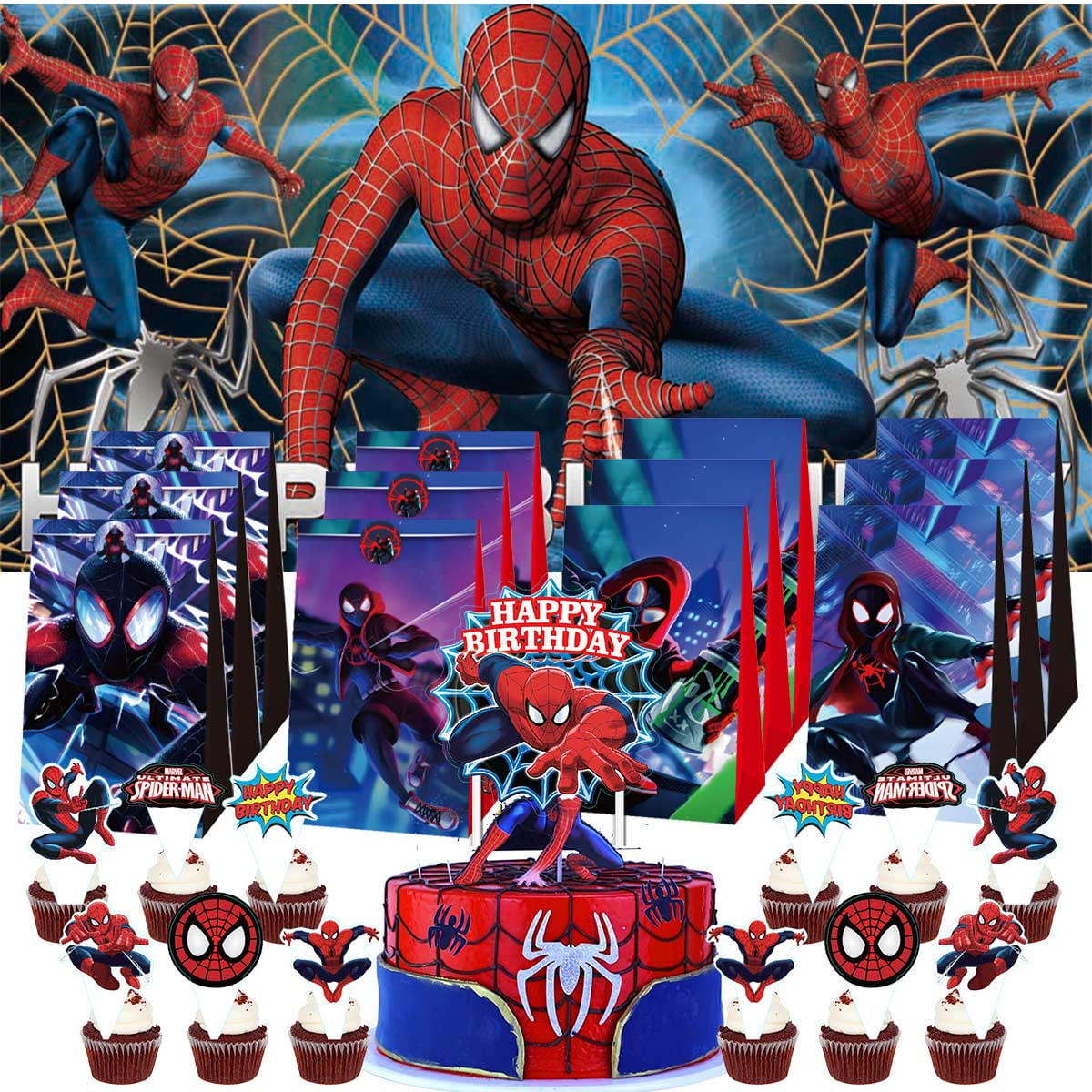 Spiderman Spider Man Treat Bags Candy Decorations Party Favor Supplies Birthday Cake Topper Backdrop Banner