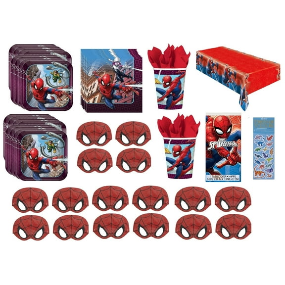 Spiderman Super Hero Birthday Party Supplies Bundle Pack includes 16 Plates 7", 16 Napkins,16 Cups, 1 Table Cover, 16 Party Paper Masks, 1 Dinosaur Sticker Sheet