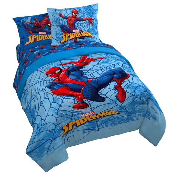 Spiderman Swinging In 5 Piece Twin Size Comforter Set with Shams- Disney Superhero Bedding